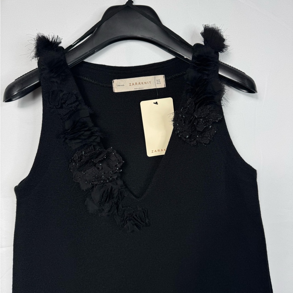 Zara Black Sleeveless Top with Floral Accents size medium